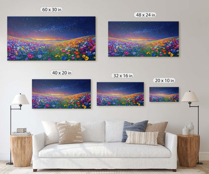 Night time Meadow, Canvas Print, Flower Print, Floral Decor, Star Sky, Starry, Wildflowers Decor