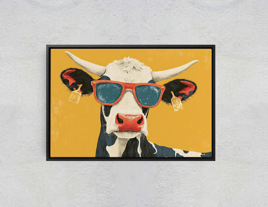 Hipster Cow, Pop Art, Street Art, Graffiti Painting, Animal Sunglasses, Yellow, Fun Quirky, Large Art Print, Kids Room, Boys Room