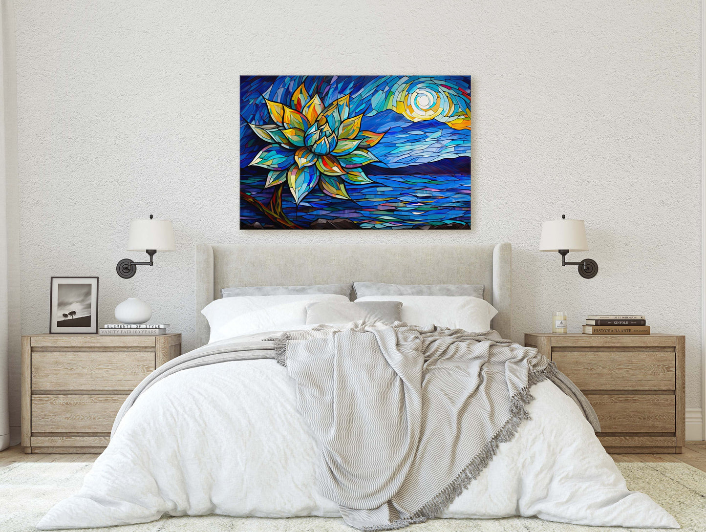 Agave Painting, Stained Glass, Mosaic Decor, Framed Canvas, Landscape Painting, Large Print