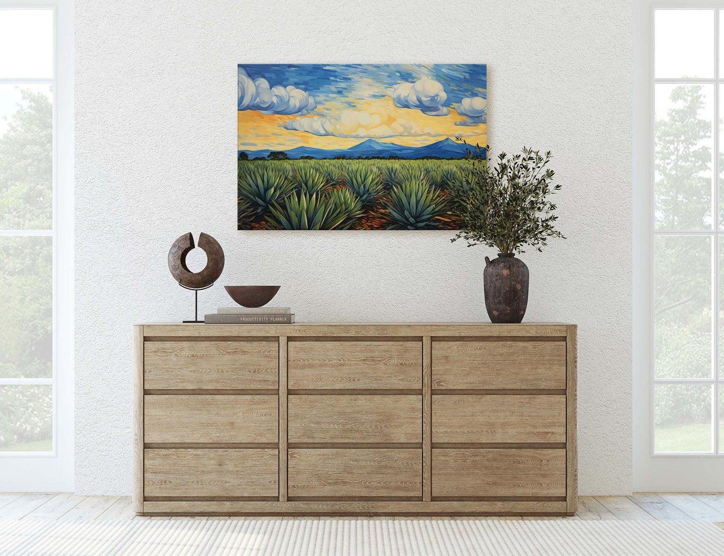 Agave Field on Canvas, Blue Mountains, Sunrise Sunset, Retro Vintage, Mid Century Modern