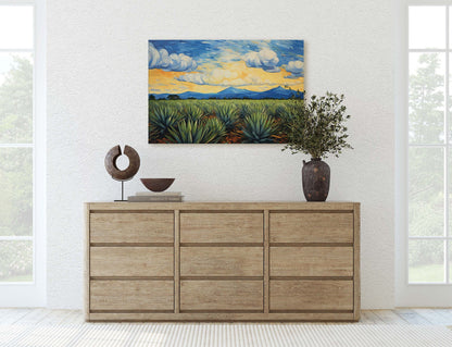 Agave Field on Canvas, Blue Mountains, Sunrise Sunset, Retro Vintage, Mid Century Modern
