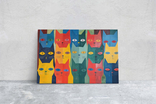 Wall of Cats, Abstract Feline, Colorful Cat, Pop Art, Modern Art, Contemporary Decor, Framed Canvas, Large Art Print, Fun Cat Art