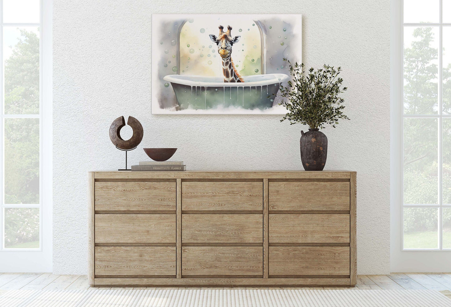 Giraffe Bath, Giraffe in Bathtub, Bathroom Decor, Kids Bath, Powder room, Fun Art, Cute Giraffe Elephant, Bath time Art, Silly Decor