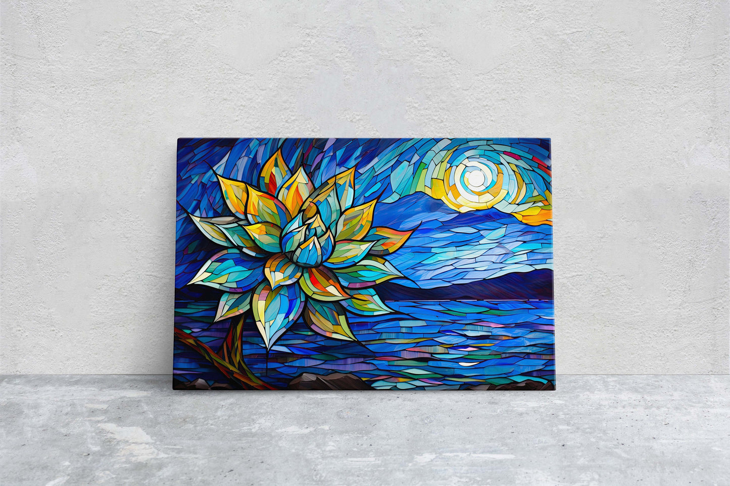 Agave Painting, Stained Glass, Mosaic Decor, Framed Canvas, Landscape Painting, Large Print