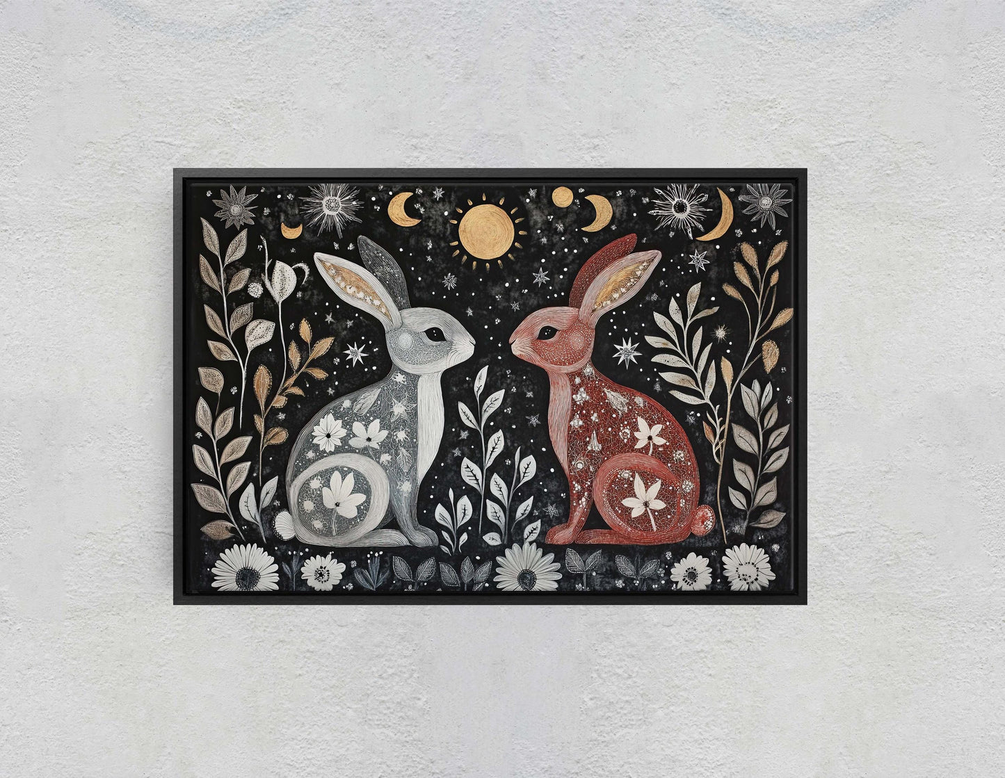 Rabbit Folk Art, Celestial Art, Bunny Art, Nature print, Canvas print