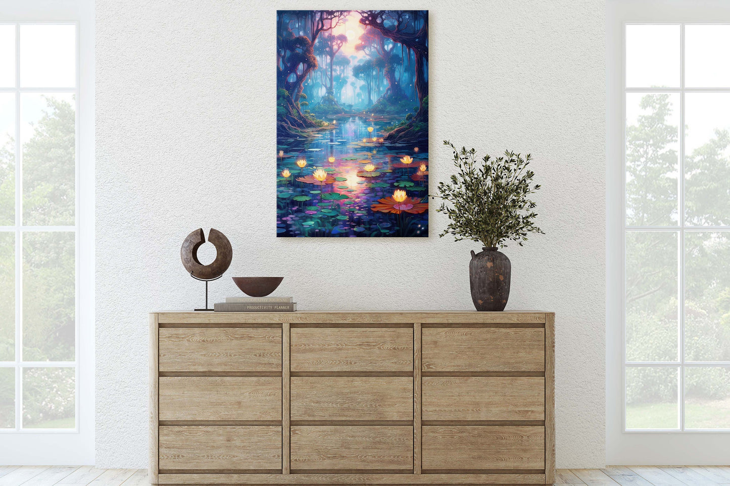 Enchanted Pond, Lamps Night Art, Lantern Forest, Vertical Canvas, Fantasy Decor, Office Art, River Art, Lily Pond, Floating Flower