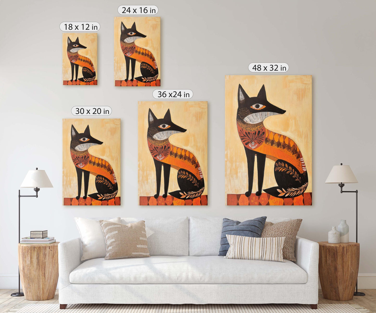 Scandinavian Fox, Folk Art, Celestial Art,  Framed Canvas, Nature Print, Whimsical, Egyptian, Abstract
