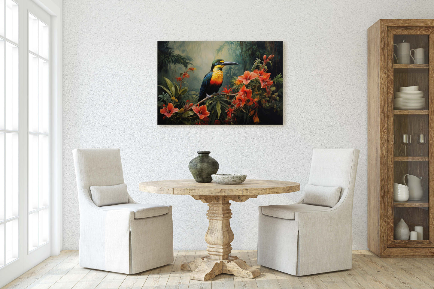 Jungle Bird Painting, Jungle Art, Green Jungle, Framed Canvas, Large Print, Beautiful Bird, Flower Jungle, Tropical Forest, Rainforest Art