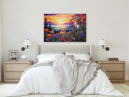 Stained Glass Painting, Faux Stained Glass, Sunset Flowers, Sunrise Field, Mountain Landscape, Framed Canvas, Vivid Colorful