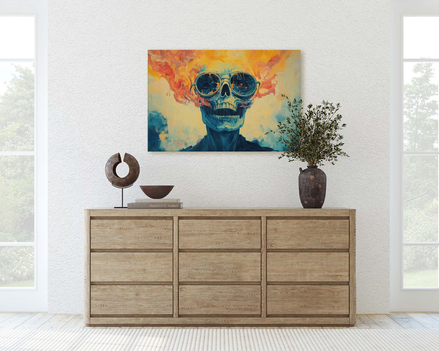 Flaming Skull, Screaming Skeleton, Gothic Decor, Halloween Art, Pop Art, Creepy Decor, Scary Art