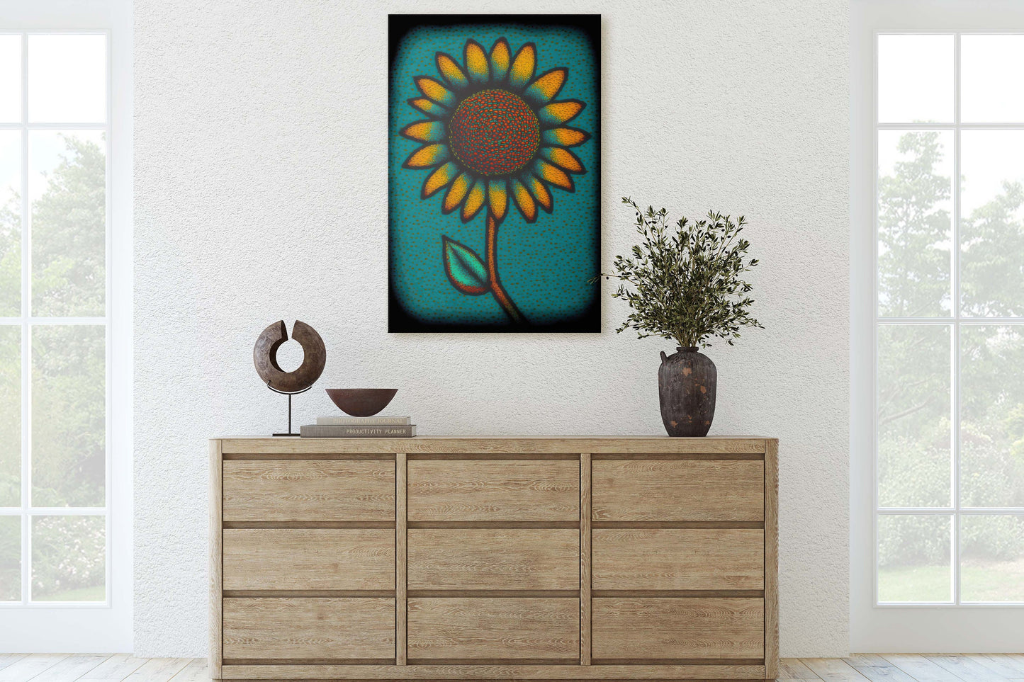 Sunflower, Abstract, Pointillism, Flower Decor, Large Print, Ready To hang, Farmhouse, Farm, Vertical Print, Modern Art, Contemporary