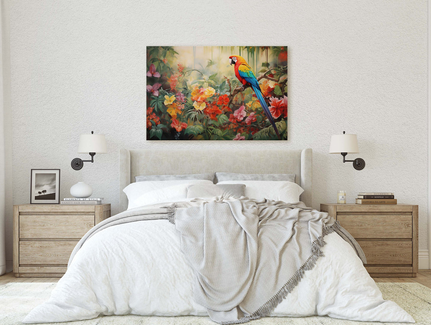 Jungle Bird Painting, Jungle Art, Green Jungle, Framed Canvas, Large Print, Beautiful Bird, Flower Jungle, Tropical Forest, Rainforest Art