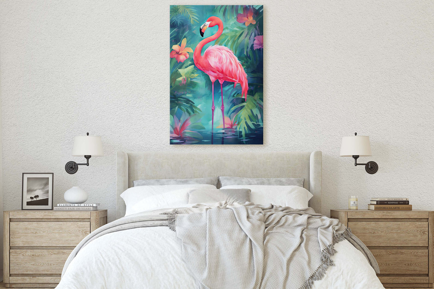 Flamingo on Canvas, Tropical Bird, Botanical Animal, Framed Canvas, Pink Green, Vertical Portrait, Exotic Bird