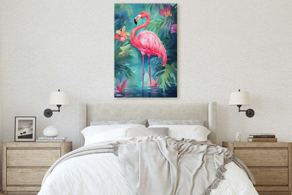 Flamingo on Canvas, Tropical Bird, Botanical Animal, Framed Canvas, Pink Green, Vertical Portrait, Exotic Bird