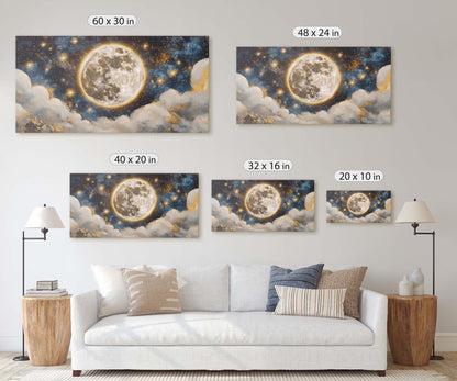 Full Moon Vintage ,Cloudy Moon Sky, Moon Painting, Moon and Stars
