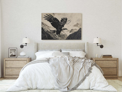 Black and White Eagle, Bald Eagle Painting, Cabin Decor, Mountain Home Art, Framed Canvas, Mountain Range, Nature Art