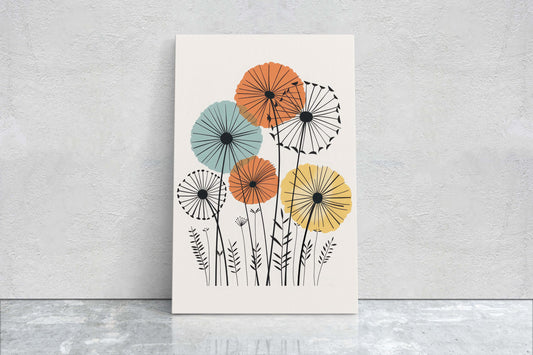 Mid Century Dandelion, Flower Print, Framed Canvas, Retro Decor, Minimalist Pastel, Mid Century Modern, Vintage Decor, Extra Large