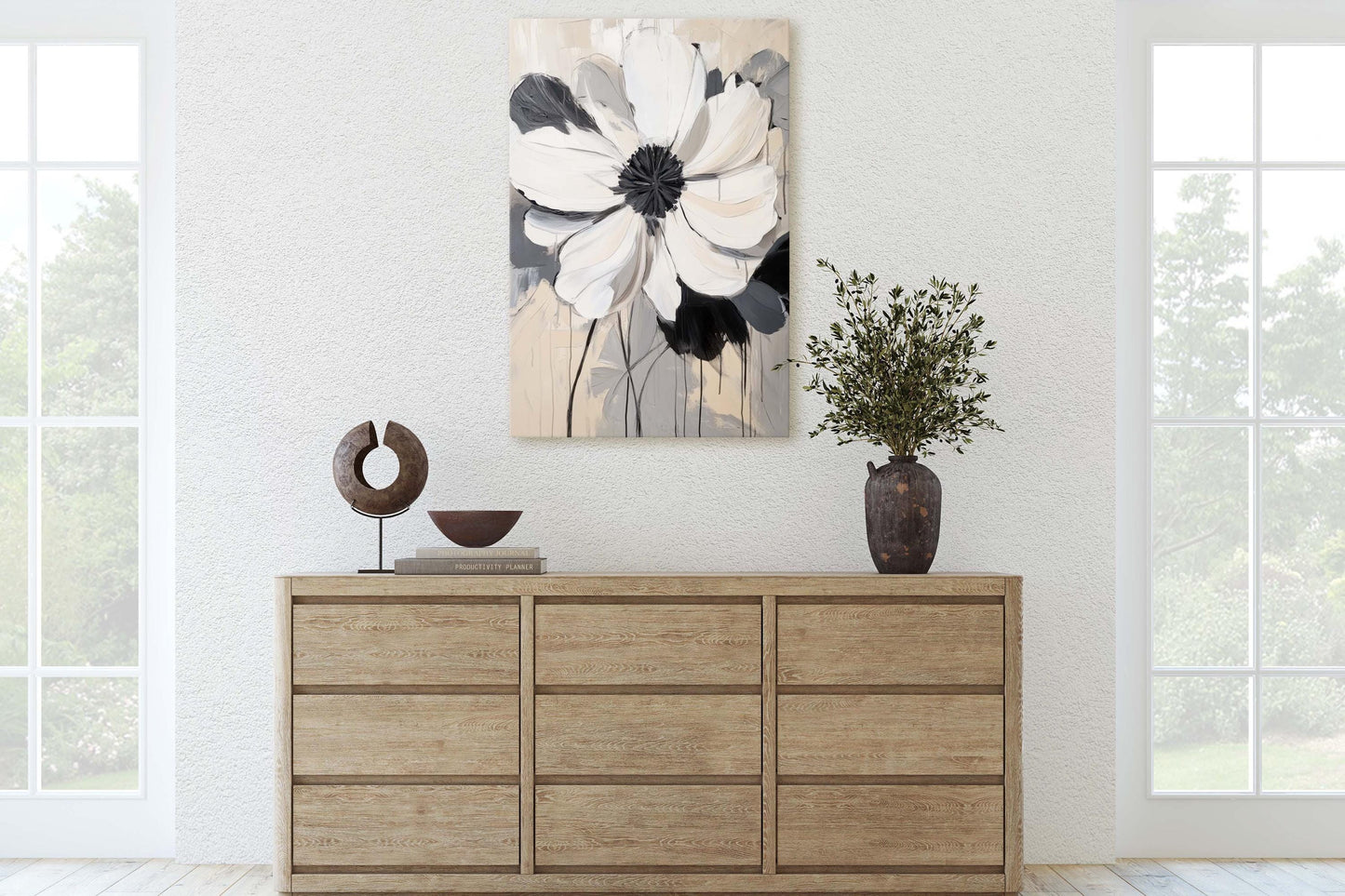 Modern Flower, Contemporary Art, Flower Painting, Black White Beige