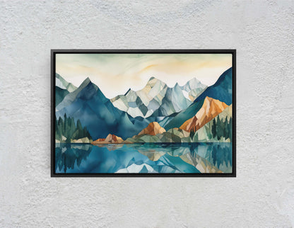 Lakeside Mountains on Canvas, Lake View mountains, Abstract Landscape, Modern Landscape, Neutral Tones, Subtle color, Watercolor Print