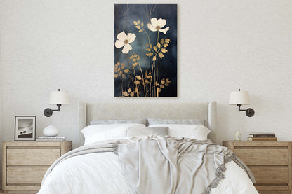 White Flowers, Indigo and Gold, Black and Gold, Wildflowers, Floral Painting, Framed Canvas, Large Print, Simple Bold, Contemporary Modern