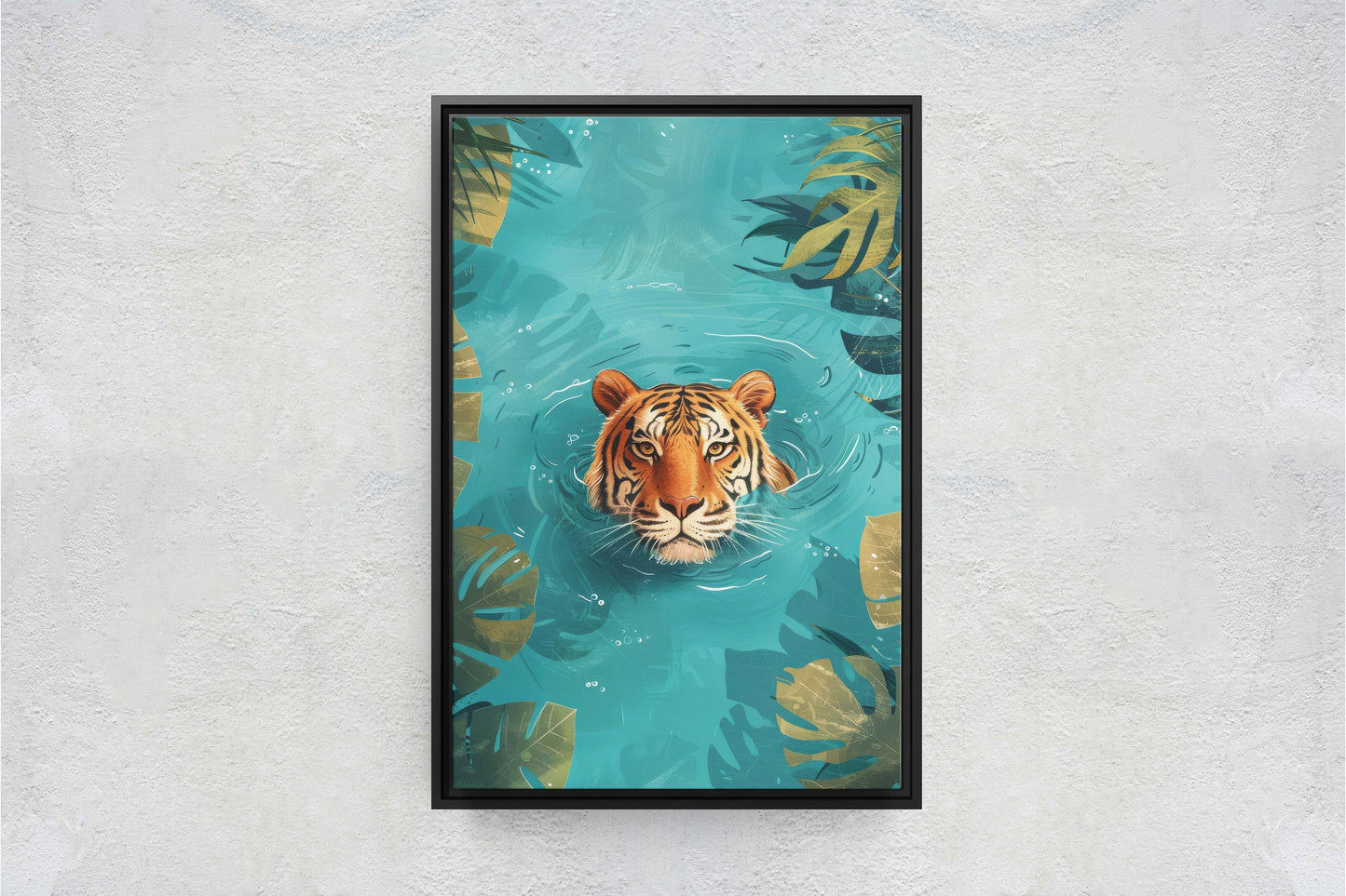 Tiger in Water, Big Cat Art, Framed Canvas, Large Art Print, Tropical Decor, Rainforest Print, Jungle Art