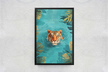 Tiger in Water, Big Cat Art, Framed Canvas, Large Art Print, Tropical Decor, Rainforest Print, Jungle Art