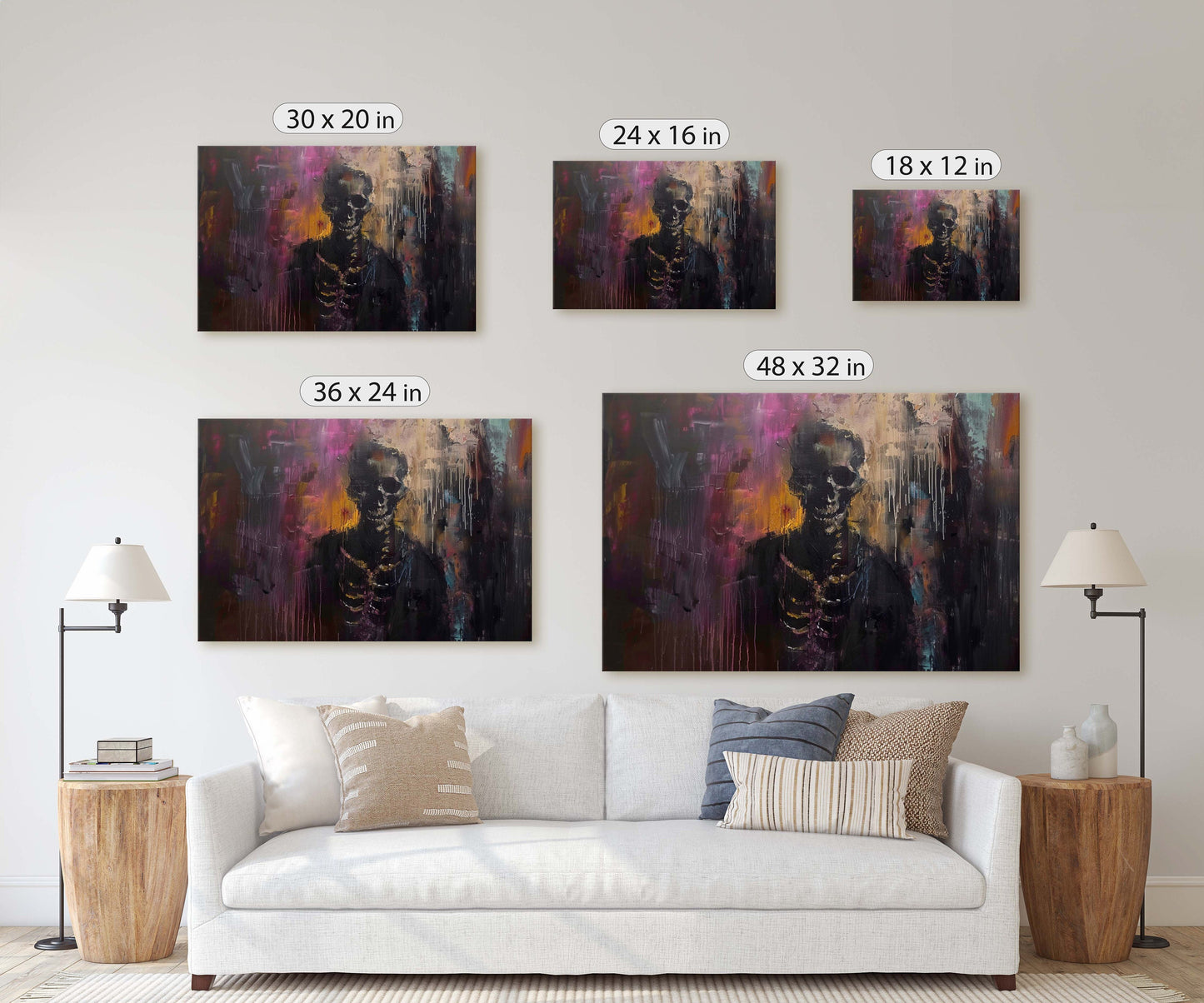 Chromatic Skeleton, Colorful Death, Creepy Decor, renaissance Painting, Dark Academia