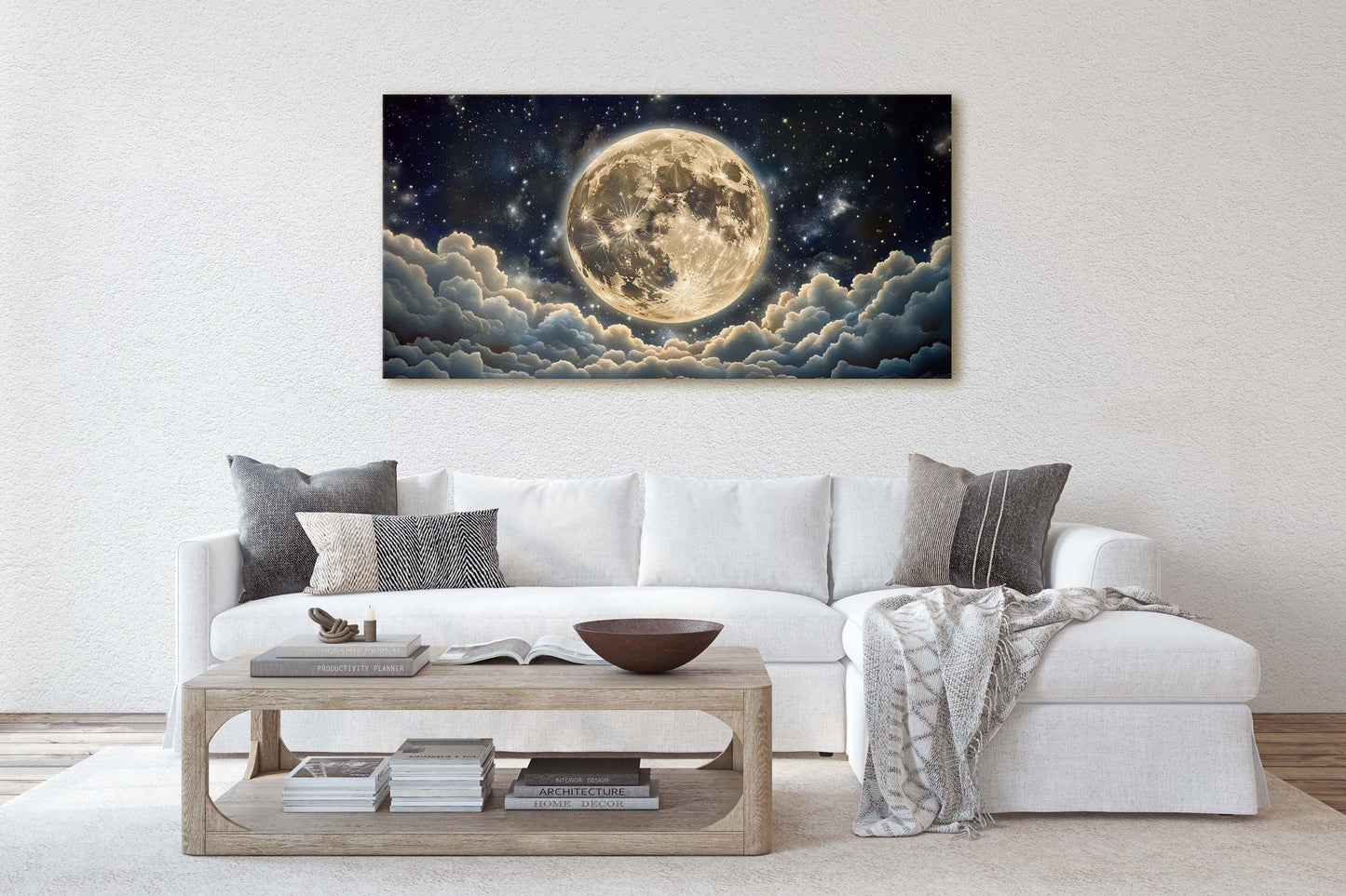 Cloudy Moon Sky, Moon Painting, Moon and Stars, Full Moon