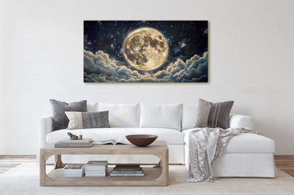 Cloudy Moon Sky, Moon Painting, Moon and Stars, Full Moon