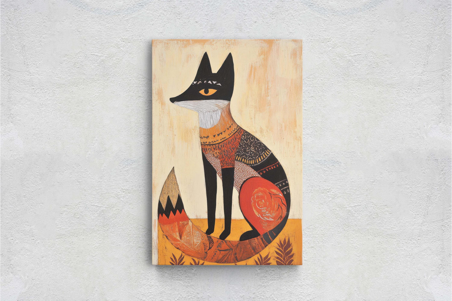 Scandinavian Fox, Folk Art, Celestial Art,  Framed Canvas, Nature Print, Whimsical, Egyptian, Abstract