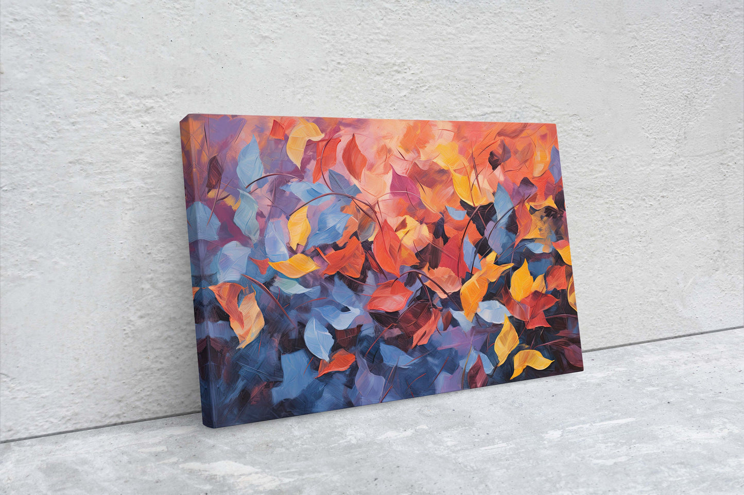 Abstract Leaf Print, Fall Leaves, Autumn,Red Orange Canvas, Fine Art, Modern Artwork, Contemporary Print, Framed Canvas