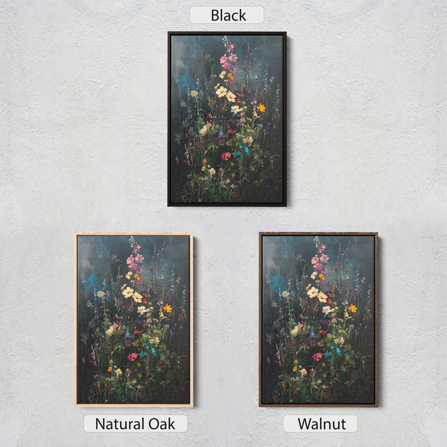 Dark Wildflowers, Black Canvas, Floral Print, Flower Decor