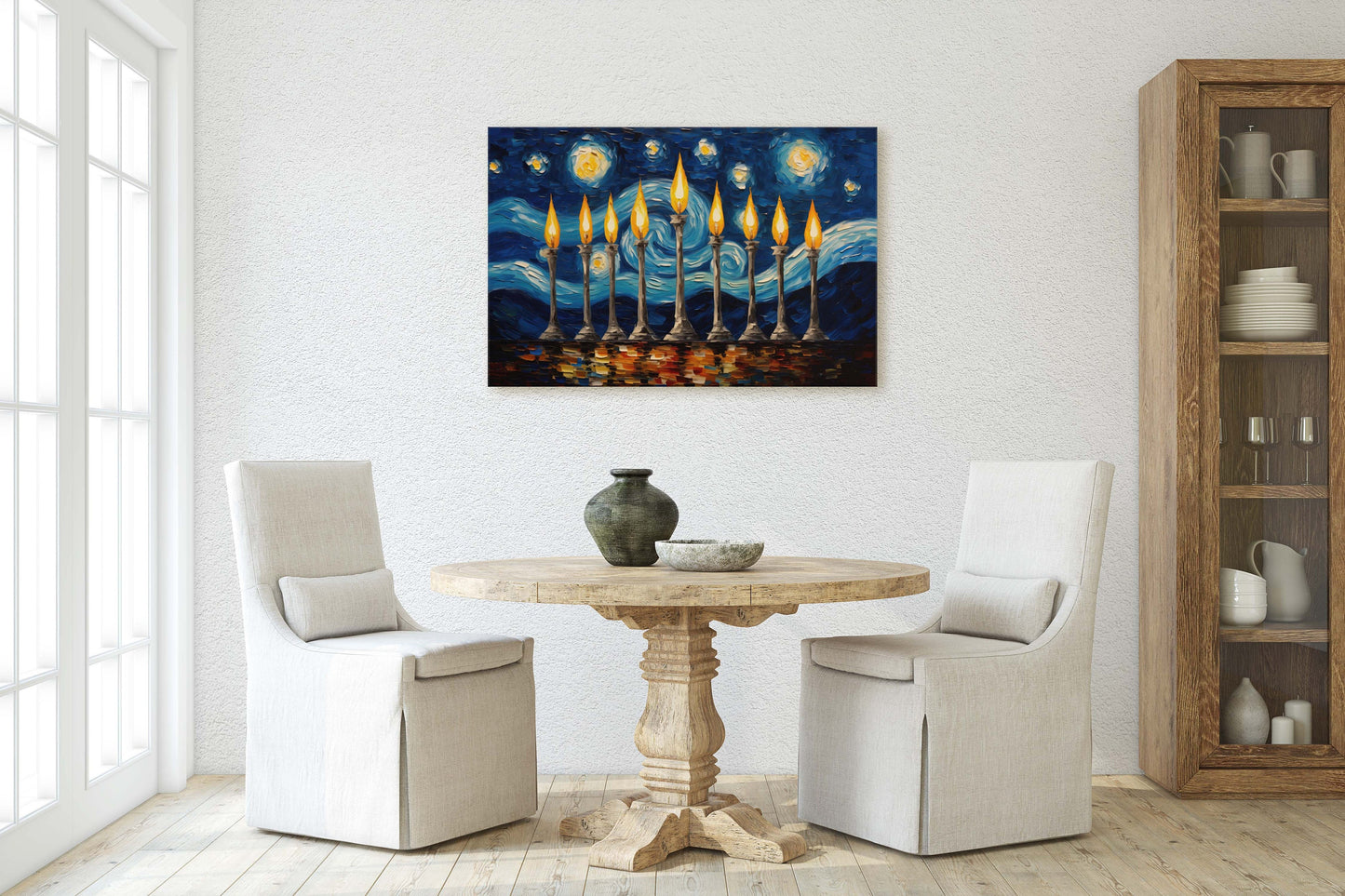 Starry Menorah, Hanukkah Painting, Festive Decor, Winter Season, Jewish Art, Chanukah, Framed Canvas, Jewish Print