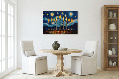 Starry Menorah, Hanukkah Painting, Festive Decor, Winter Season, Jewish Art, Chanukah, Framed Canvas, Jewish Print