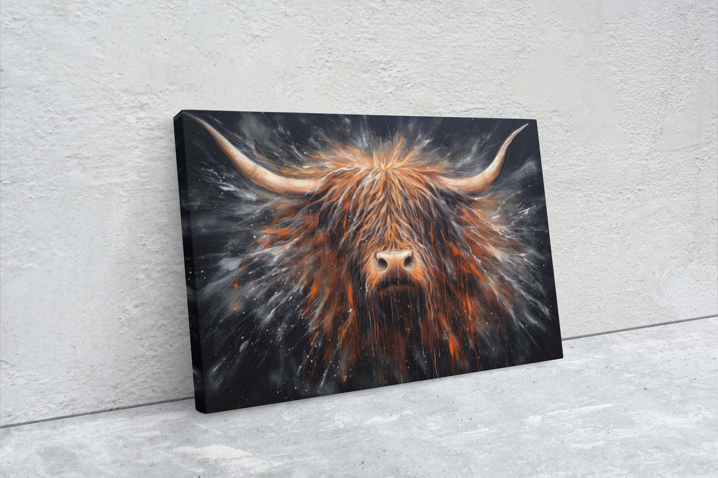 Highland Cow, Scottish Cow, Scotland Cattle, Long-haired cow, Rustic Farmhouse, Farm Animal, Barn Decor, Canvas Art Print, Abstract Painting