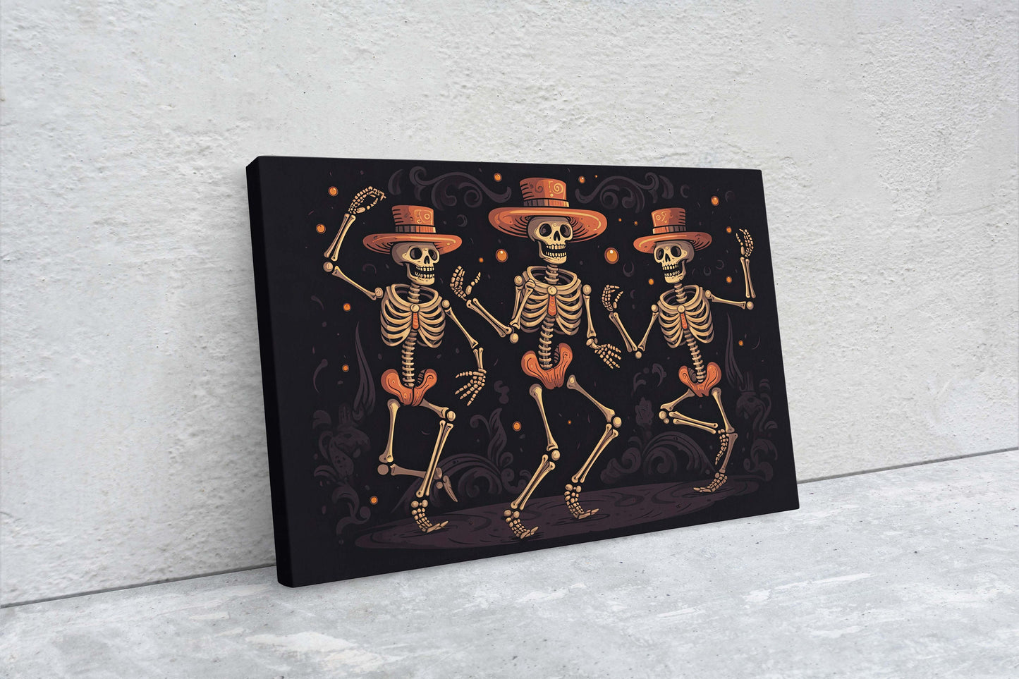 Dancing Skeletons On Canvas, Spooky Decor, Halloween Art, Day of the Dead, Cute Gothic, Macabre Art, Framed Canvas