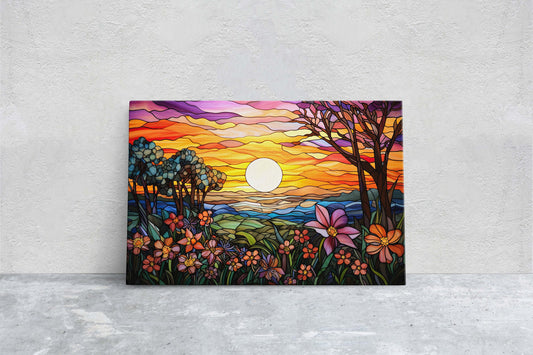 Stained Glass Painting, Faux Stained Glass, Sunset Flowers, Sunrise Field, Mountain Landscape, Framed Canvas, Vivid Colorful