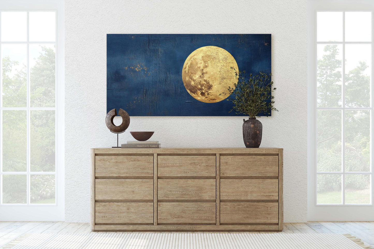 Indigo Gold Moon, Full moon art, Moon Landscape, Contemporary Art, Celestial Decor
