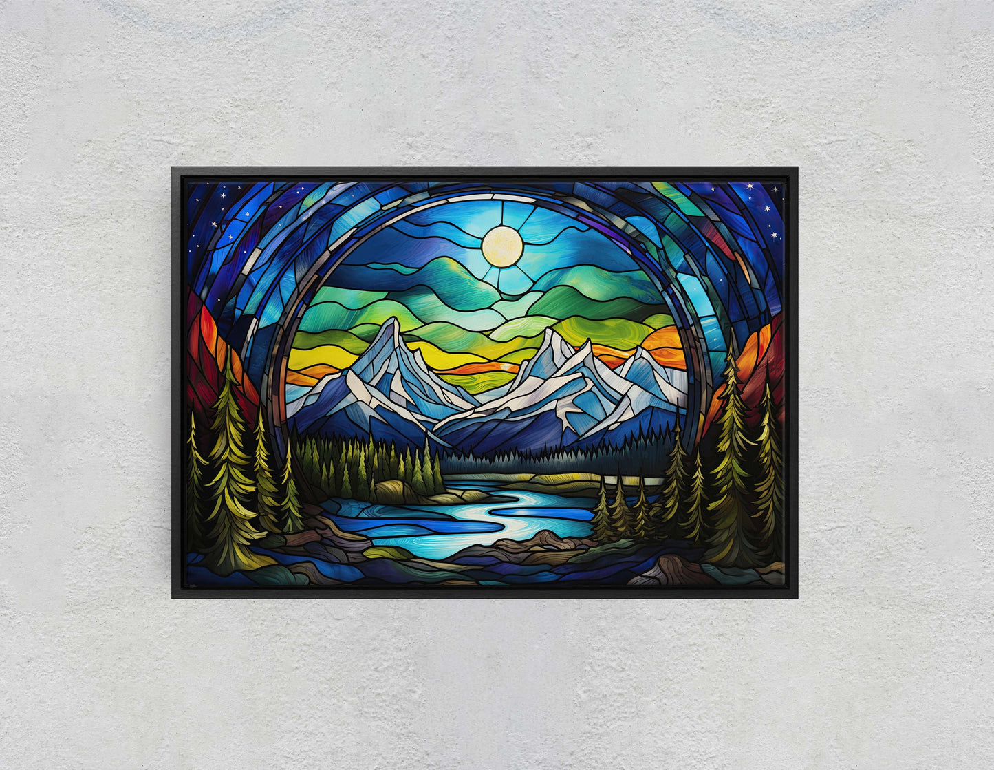 Stained Glass Glaciers, Painting Night, Moon Mountains, Mountain Landscape, Framed Canvas, Cold Mountains, Snow Peaks