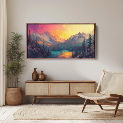 Colorful Mountain Sunrise On Canvas, Smoky Forest, Foggy Mountains, Vibrant Color, Abstract Art
