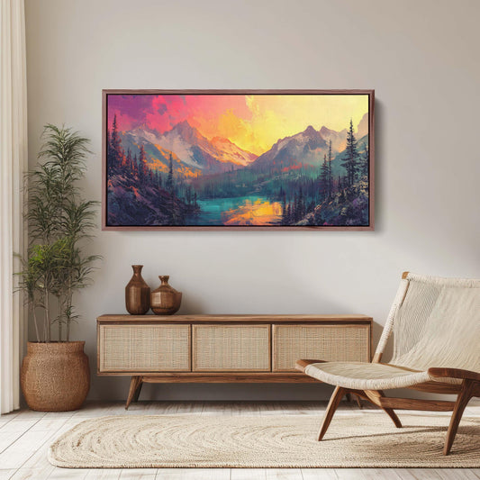 Colorful Mountain Sunrise On Canvas, Smoky Forest, Foggy Mountains, Vibrant Color, Abstract Art