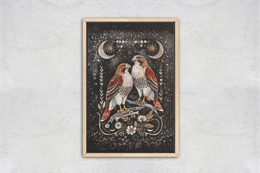 Red Tailed Hawk, Folk Art, Celestial Art, Cottagecore, Framed Canvas, Dark Print, Nature Print