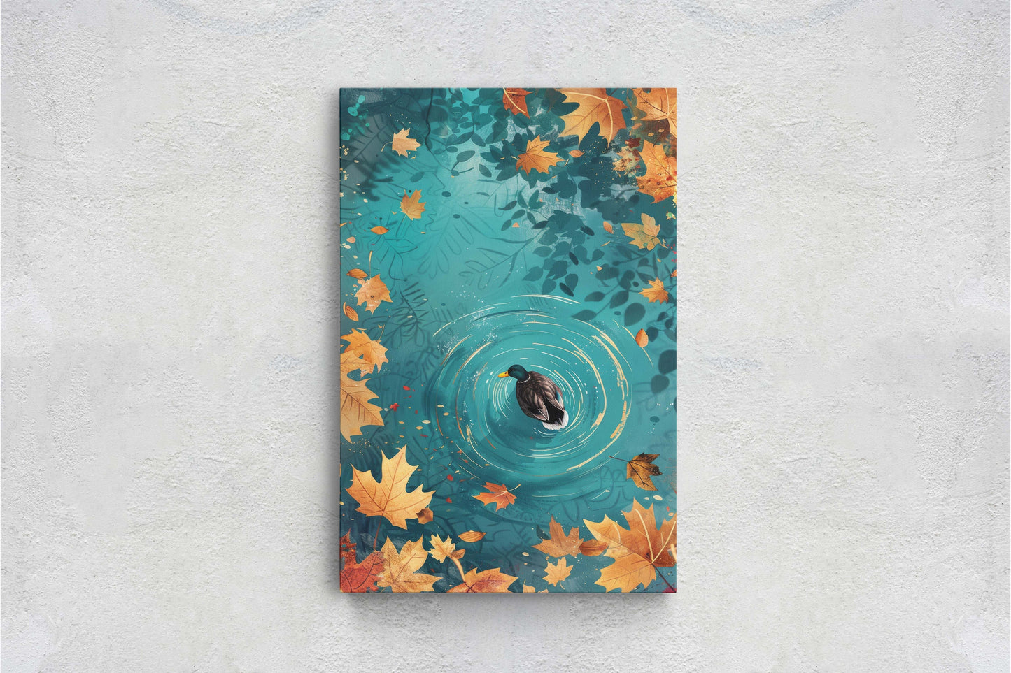 Mallard Duck Fall, Duck in Lake, Framed Canvas, Fall Season, Large Art print, Vertical Print, Leaves in Lake, Tranquil Decor