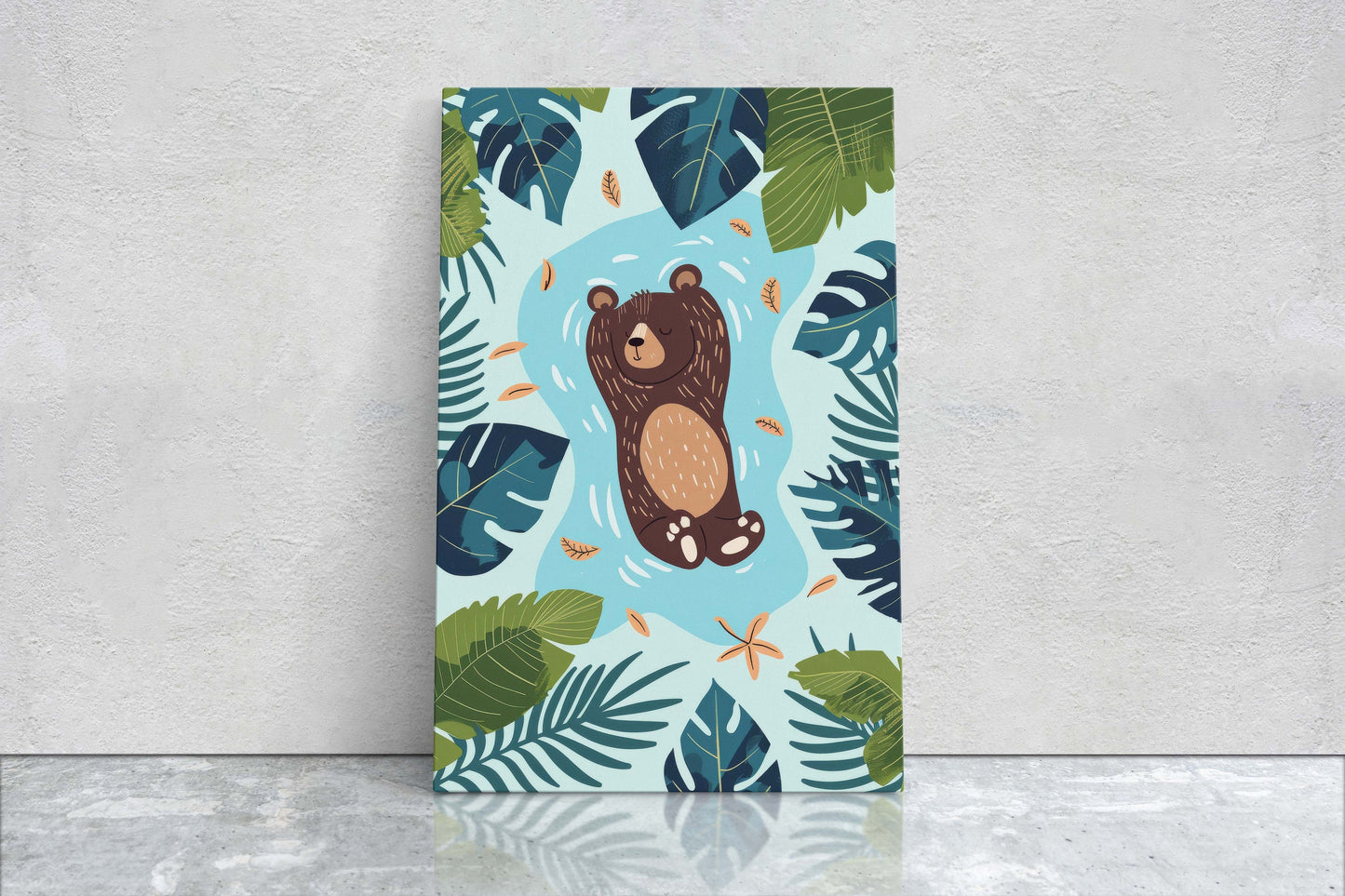 Baby Bear Relaxing, Bear Cub, Swimming Bear, Framed Canvas, Nursery Decor, Childrens Room, Kids Room, Illustration, Forest Art