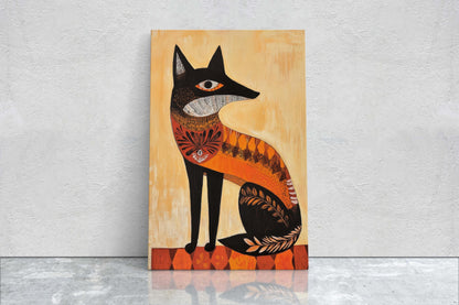 Scandinavian Fox, Folk Art, Celestial Art,  Framed Canvas, Nature Print, Whimsical, Egyptian, Abstract