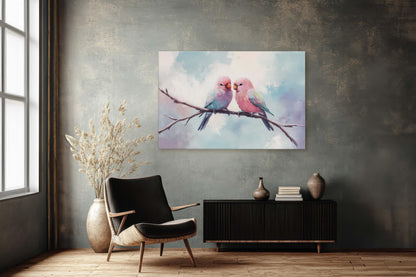 Love Birds, Love At First Sight, Bird Art Print, Pastel Colors, Blue Pink Purple