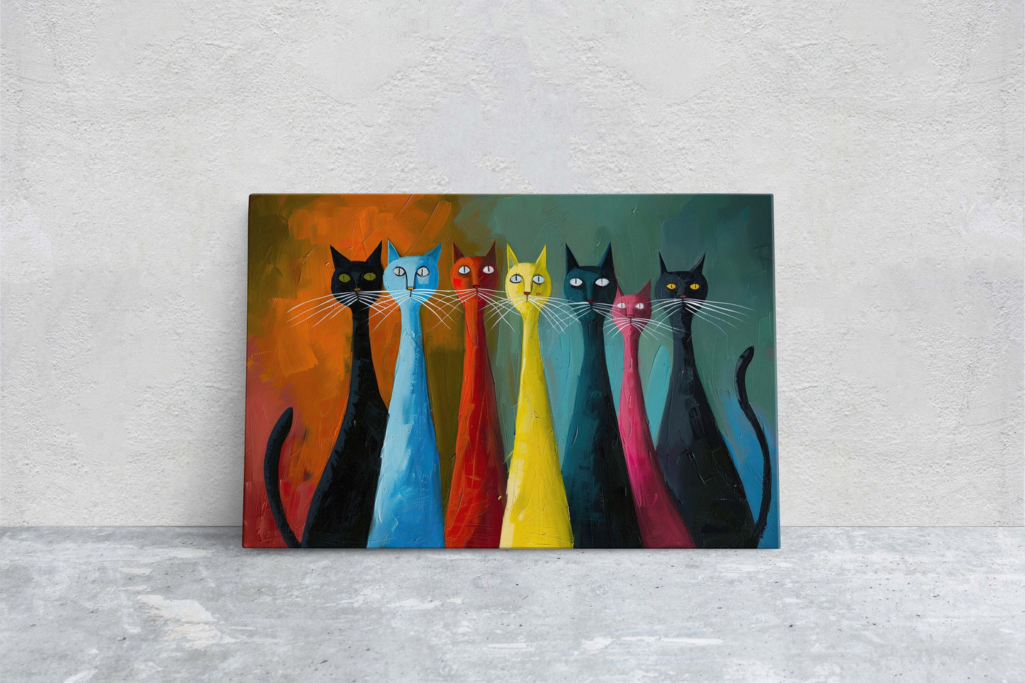 Rainbow Whisker Cats, Cat Lover Art, Large Art Print, Framed Canvas, Abstract Animal, Pastel Color, Colorful, Symbolism, Modern
