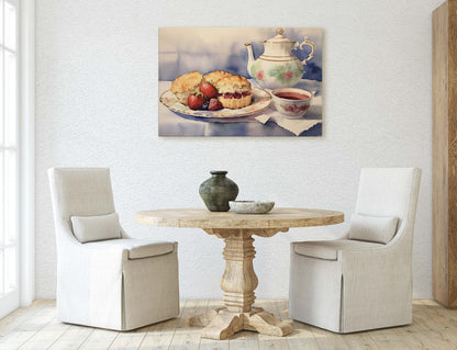 Tea and Scones, Watercolor, Food Painting, Kitchen Decor, Large Canvas, Ready to Hang, Dining Room, Canvas Print, Teapot, Baking