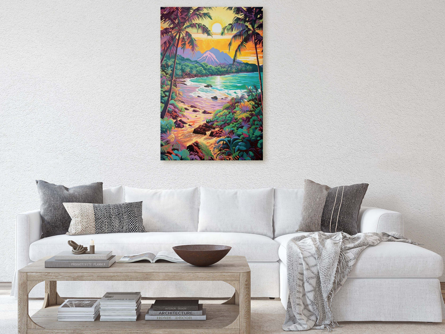 Vibrant Coast on Canvas, Ancient Beach, Framed Canvas, Prehistoric Landscape, Coastline Illustration, Bold Color, Vertical Botanical
