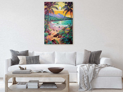 Vibrant Coast on Canvas, Ancient Beach, Framed Canvas, Prehistoric Landscape, Coastline Illustration, Bold Color, Vertical Botanical